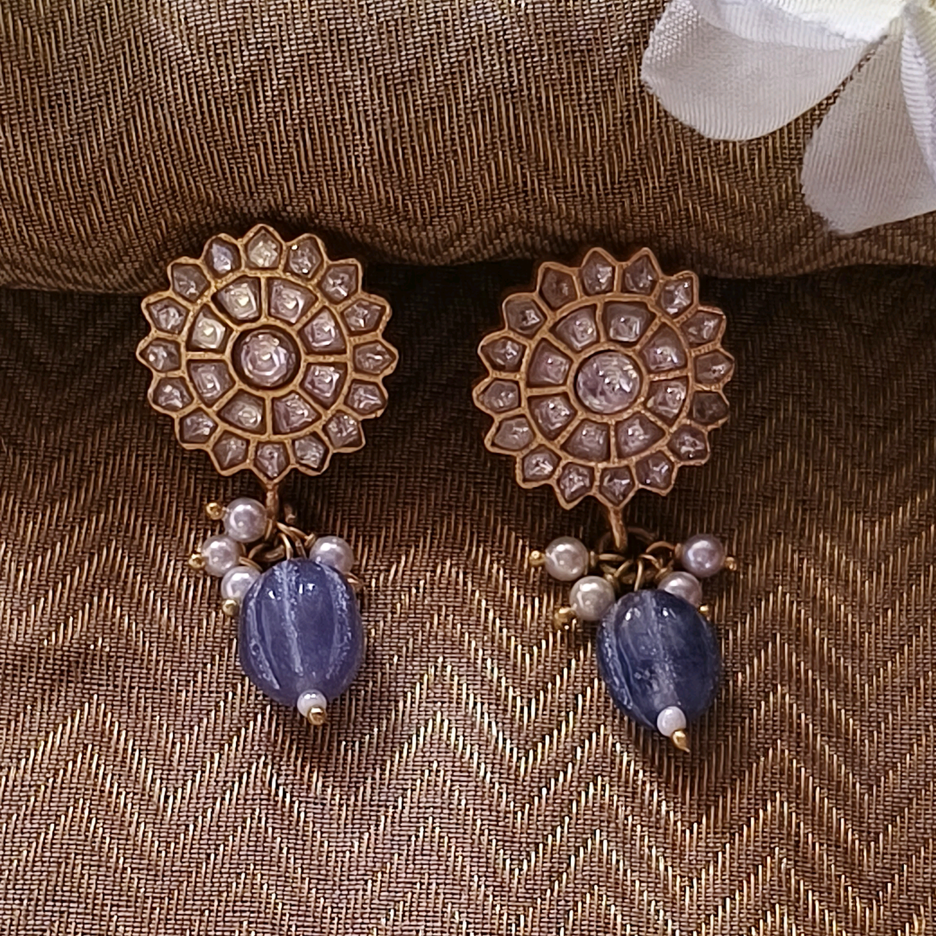 Gharana Kundan Flower Studs with Blue Drops